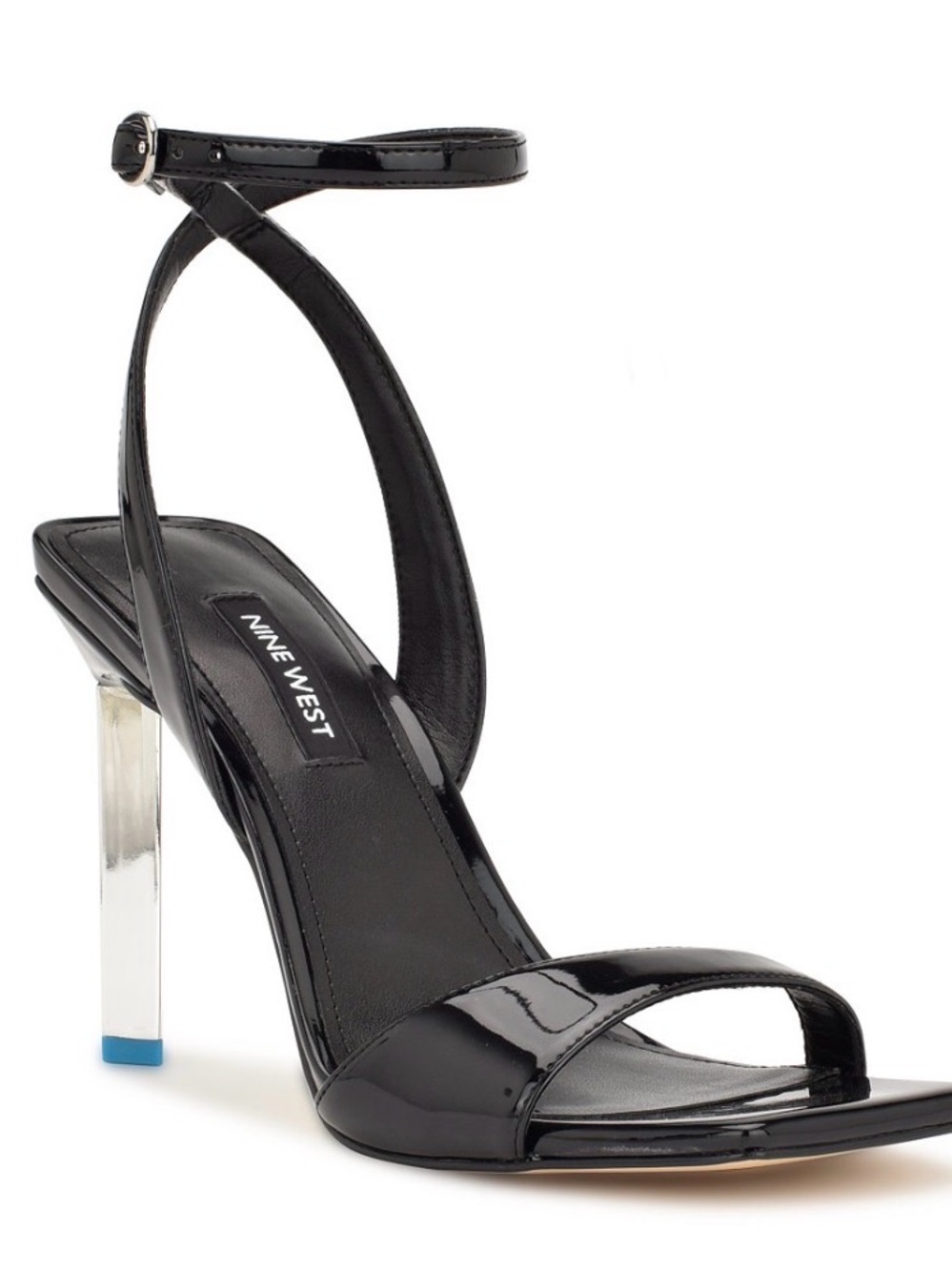 Nine West Black Patent Ankle-Strap Sandal with Clear Metallic Block Heel